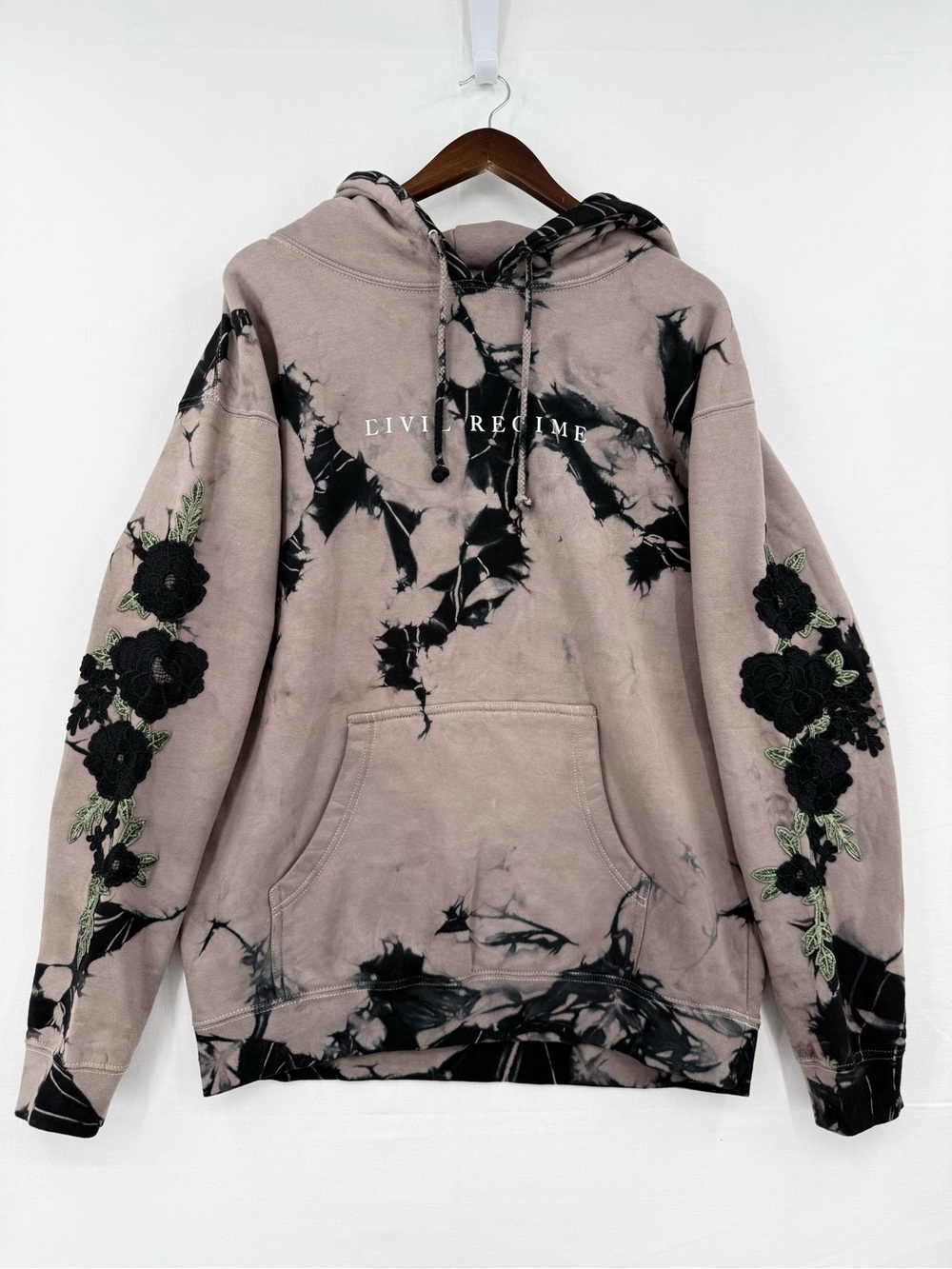 Civil Regime Unisex Floral Embroidered Hoodie Size M Taupe Black Graphic